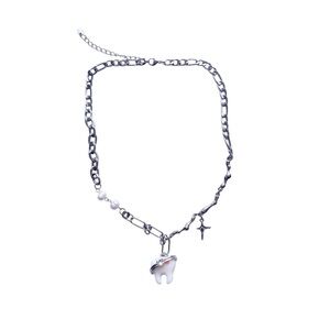 Silver tooth pearl goth necklace